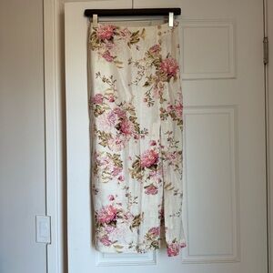 Mango Floral Beige Pink Pattern Linen Button Midi Skirt